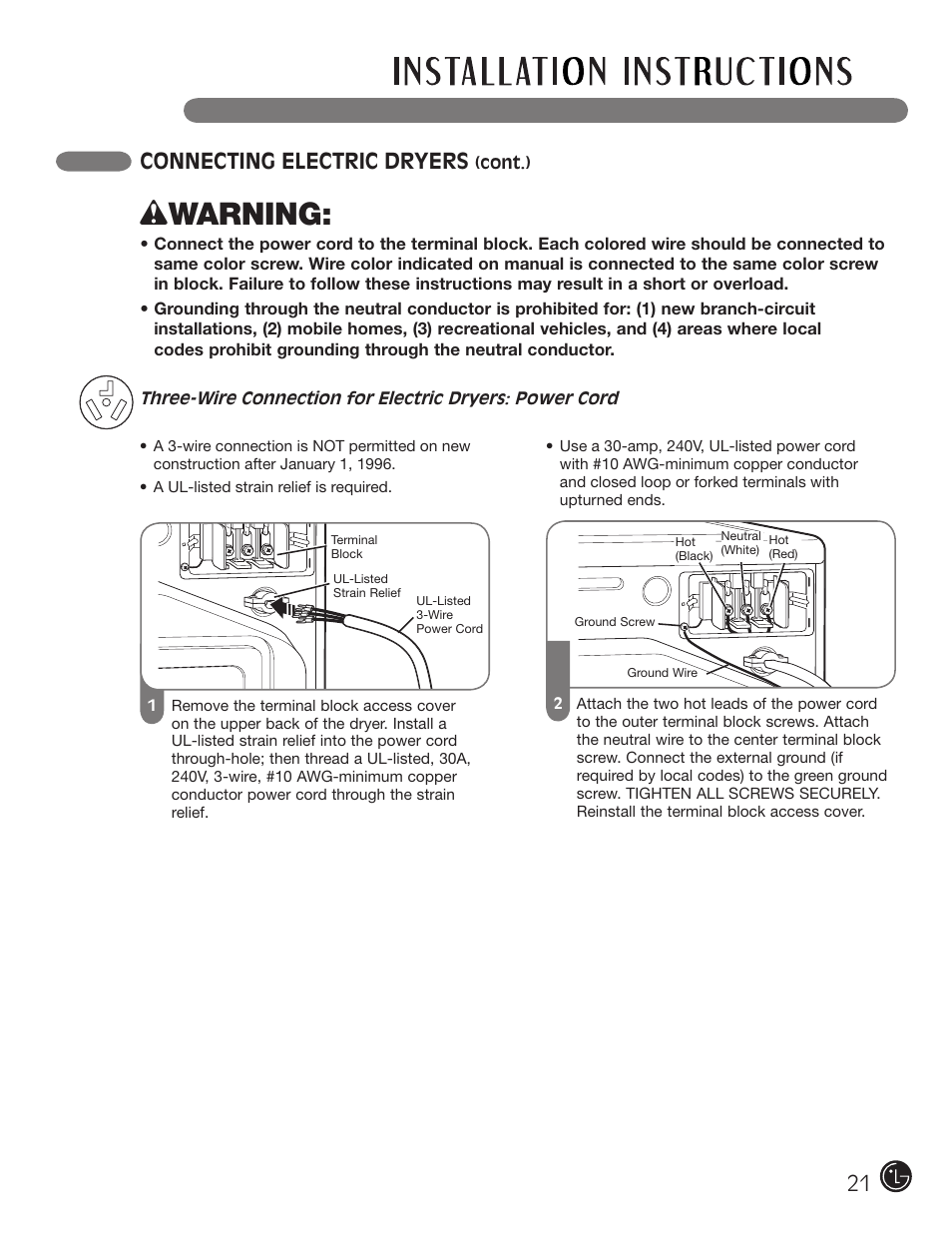 Wwarning, Connecting electric dryers | LG DLE2050W User Manual | Page 21 / 124