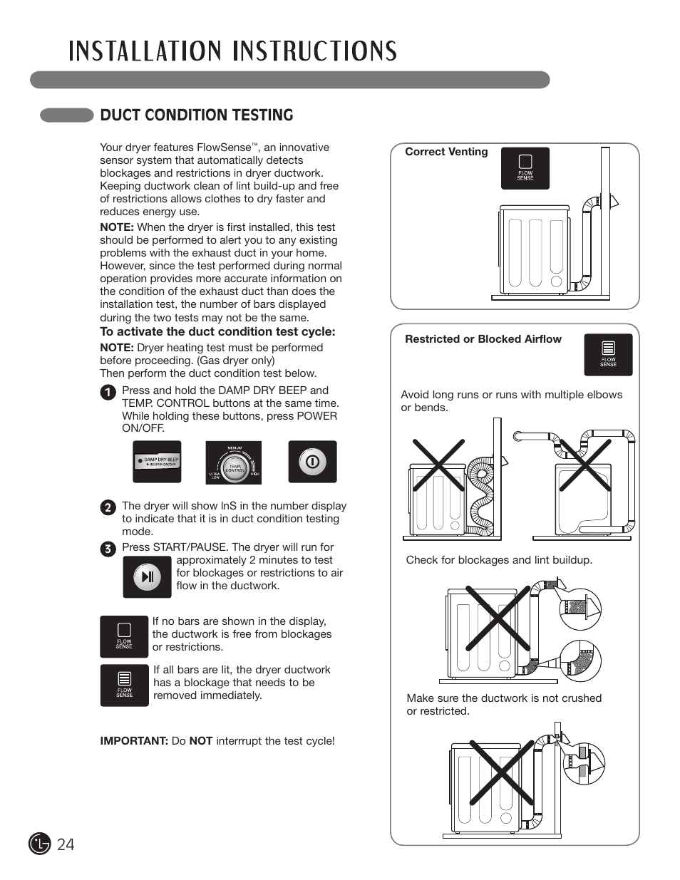 Duct condition testing | LG DLE2050W User Manual | Page 24 / 124