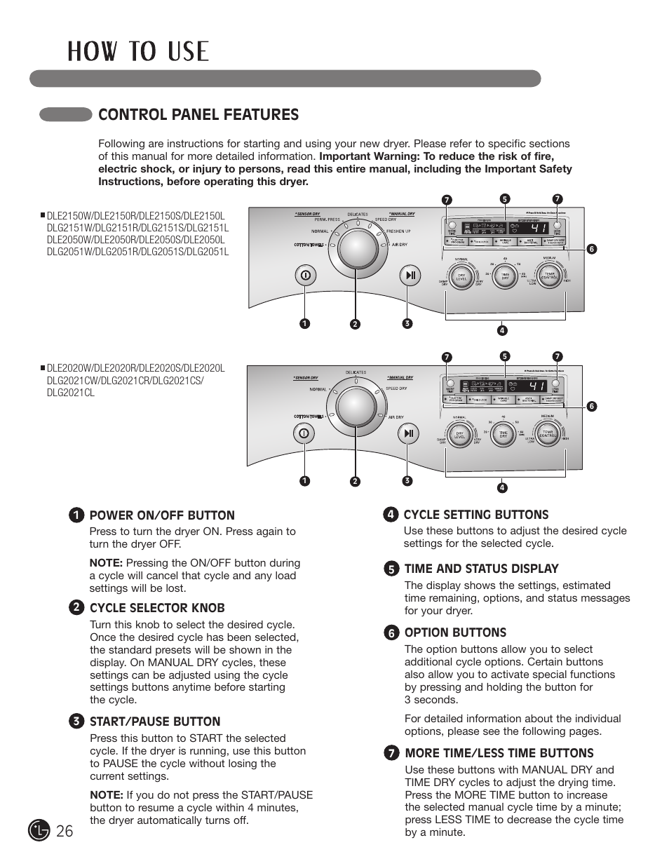 Control panel features | LG DLE2050W User Manual | Page 26 / 124