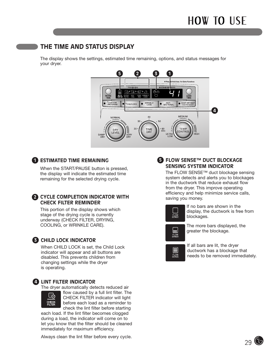 The time and status display | LG DLE2050W User Manual | Page 29 / 124