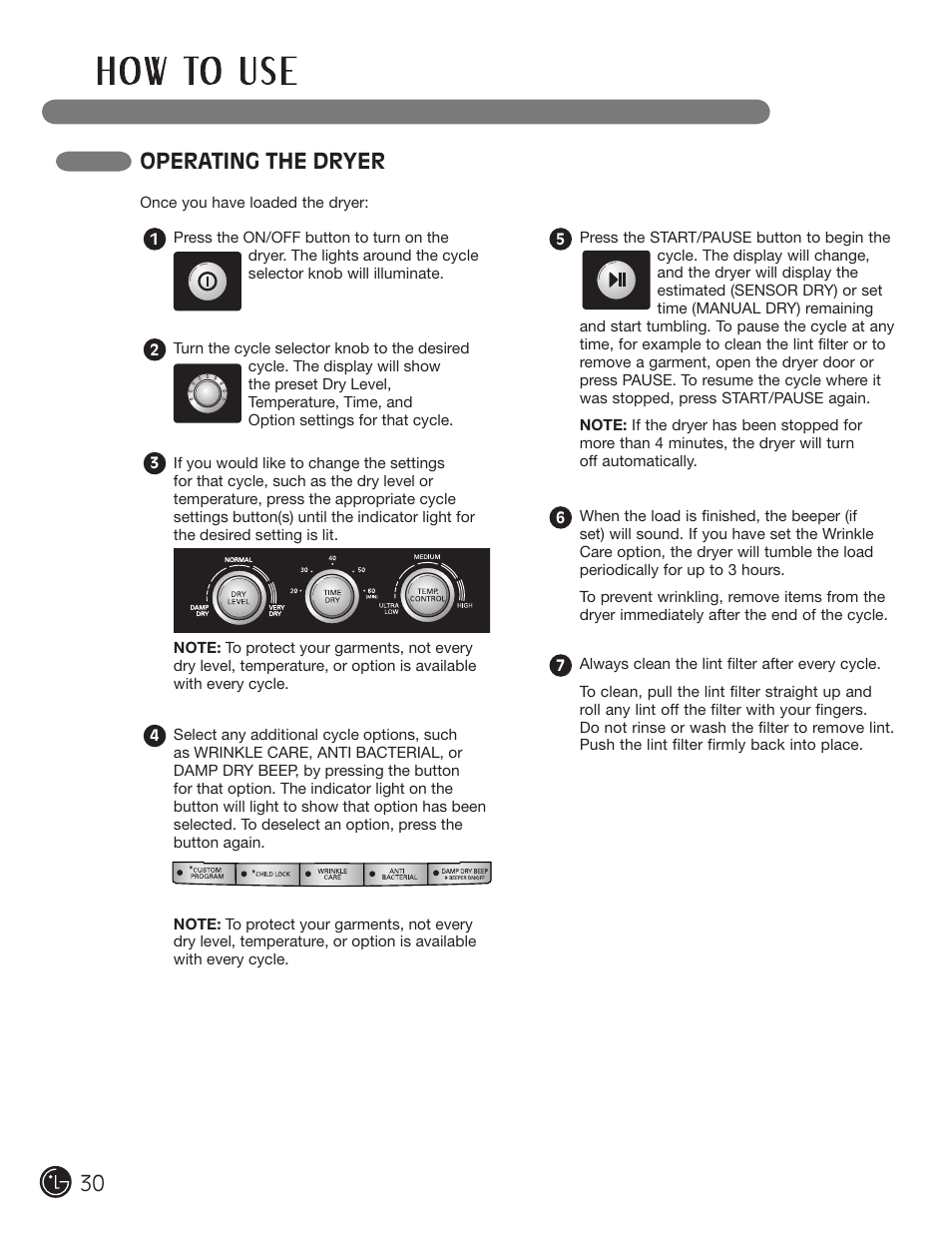 Operating the dryer | LG DLE2050W User Manual | Page 30 / 124