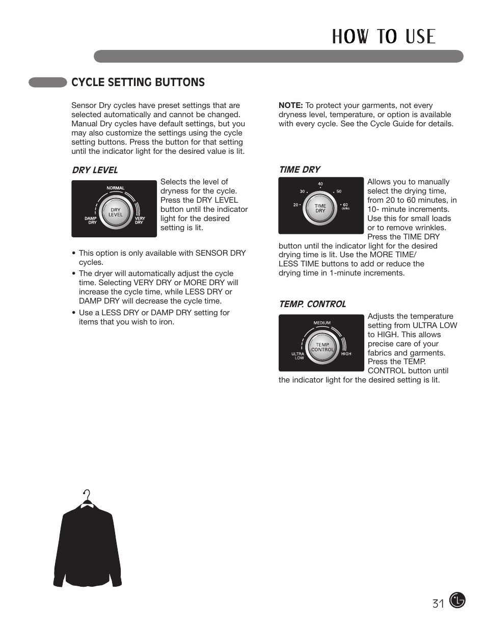 31 cycle setting buttons | LG DLE2050W User Manual | Page 31 / 124