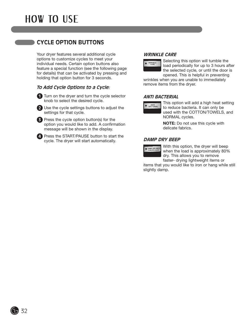 32 cycle option buttons | LG DLE2050W User Manual | Page 32 / 124