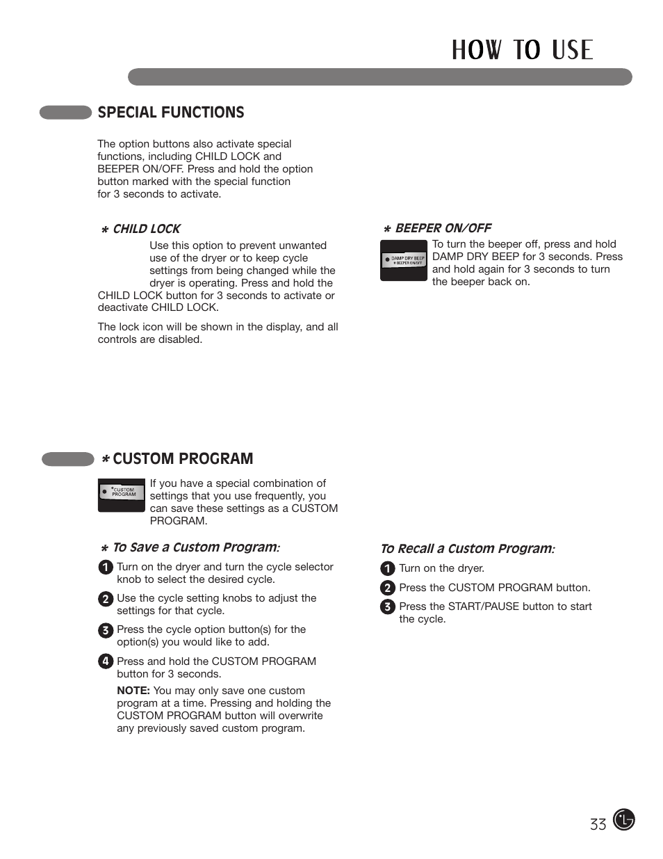 Special functions, Custom program | LG DLE2050W User Manual | Page 33 / 124