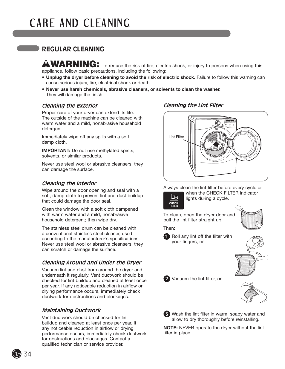 Wwarning, Regular cleaning | LG DLE2050W User Manual | Page 34 / 124