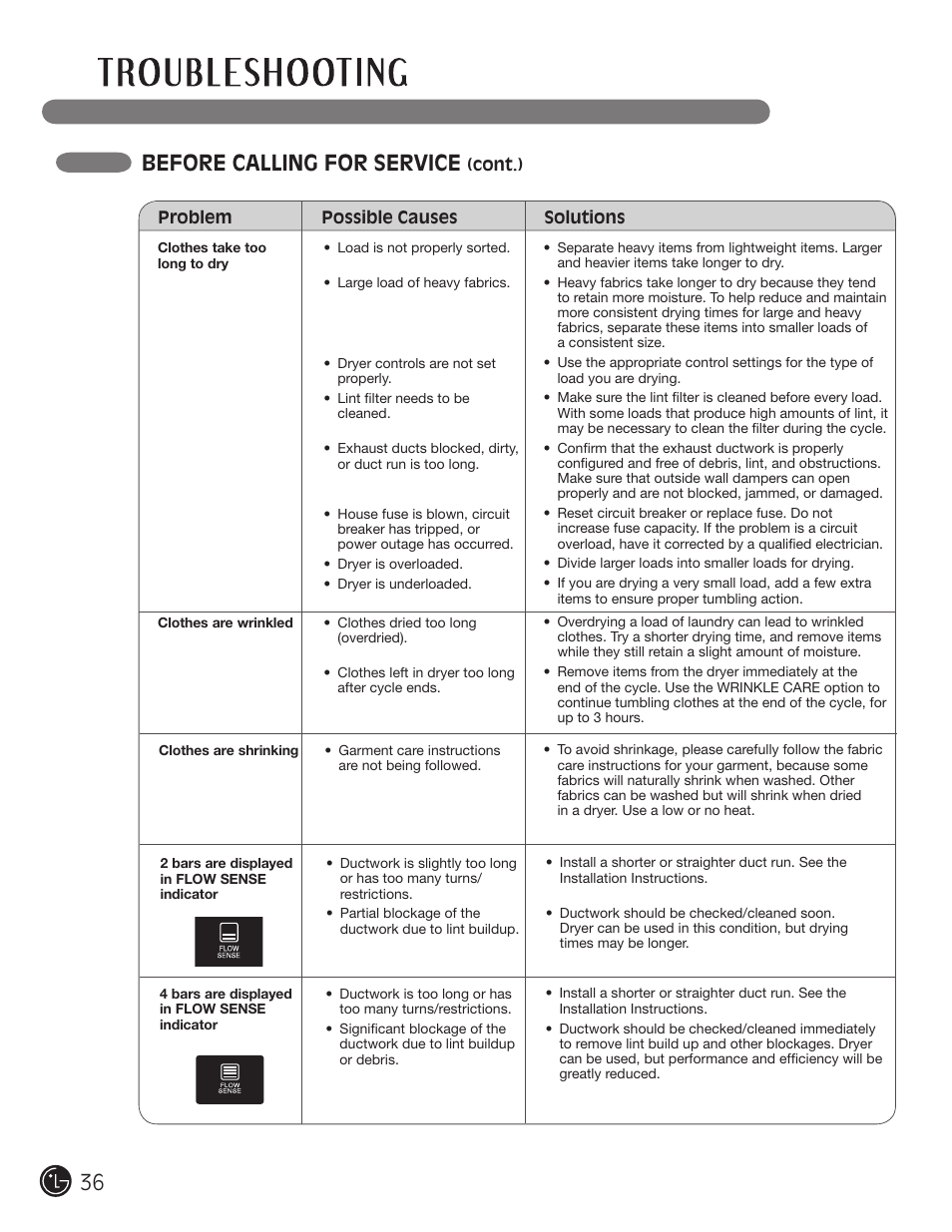 Before calling for service | LG DLE2050W User Manual | Page 36 / 124