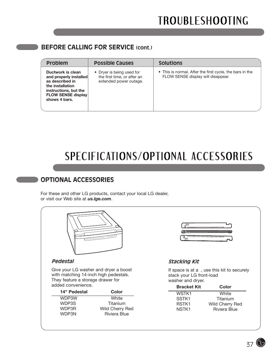 Optional accessories, Before calling for service | LG DLE2050W User Manual | Page 37 / 124