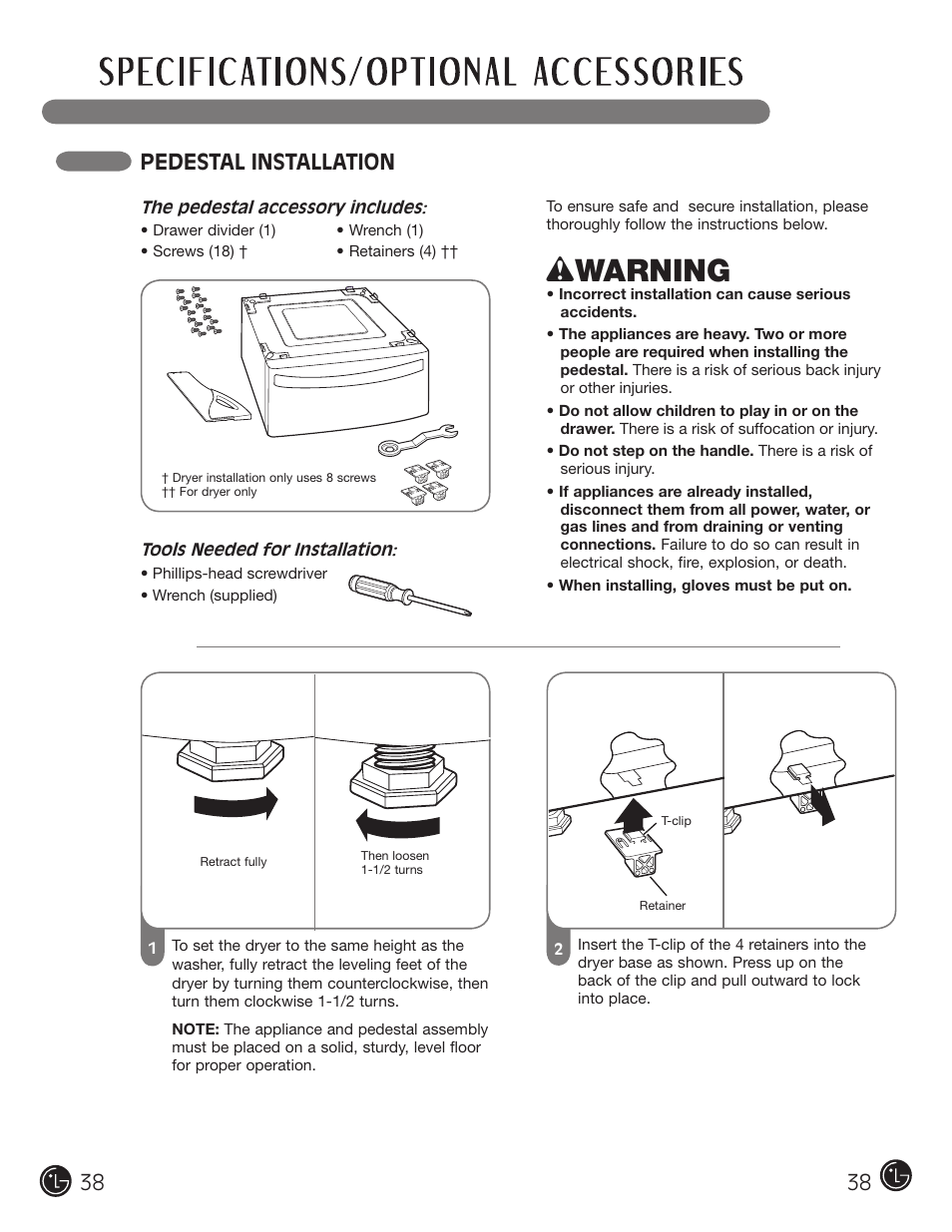 Wwarning, Pedestal installation 38 38 | LG DLE2050W User Manual | Page 38 / 124