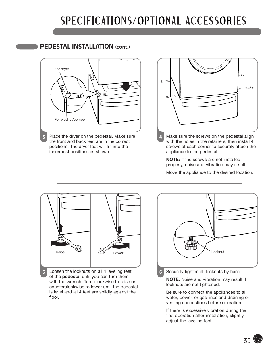 Pedestal installation | LG DLE2050W User Manual | Page 39 / 124