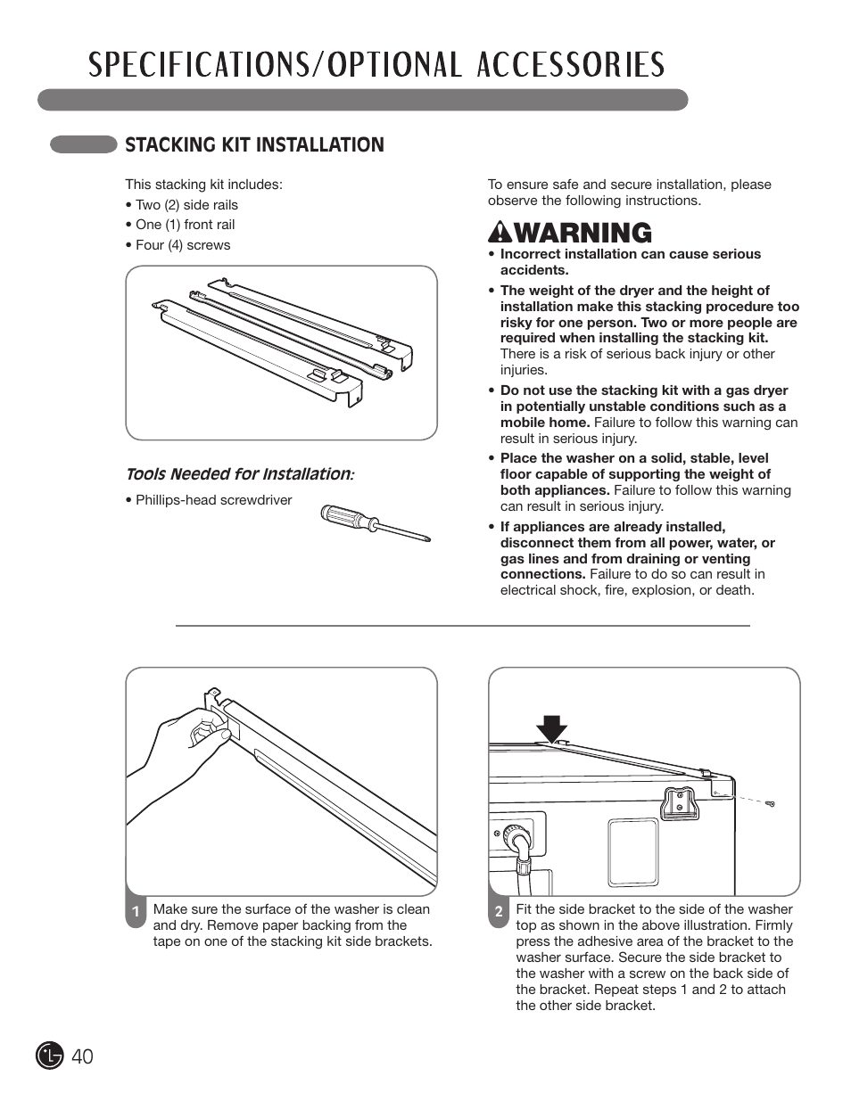 Wwarning, Stacking kit installation 40 | LG DLE2050W User Manual | Page 40 / 124