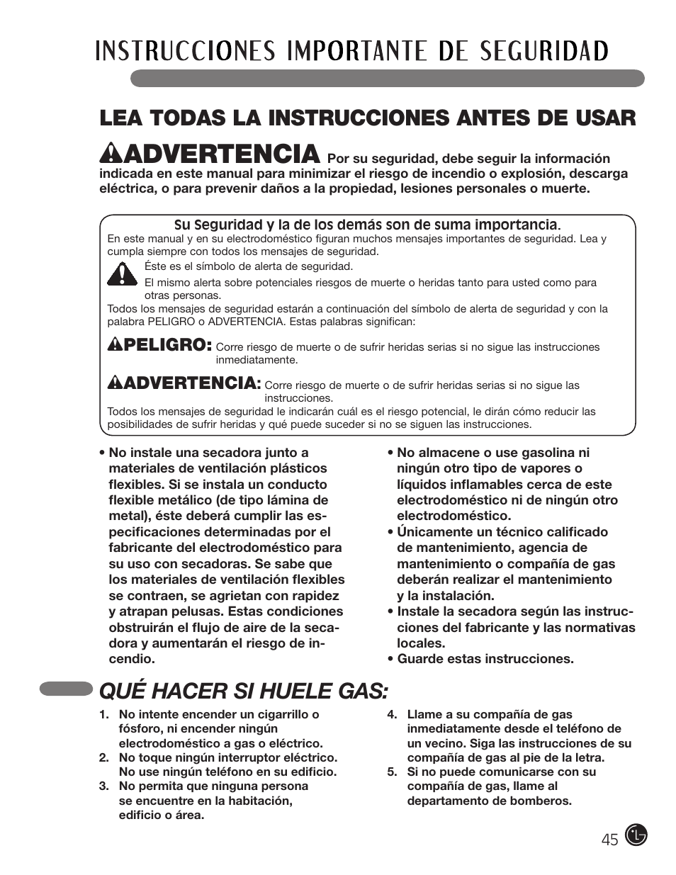 Lea todas la instrucciones antes de usar, Qué hacer si huele gas, Wpeligro | Wadvertencia | LG DLE2050W User Manual | Page 45 / 124