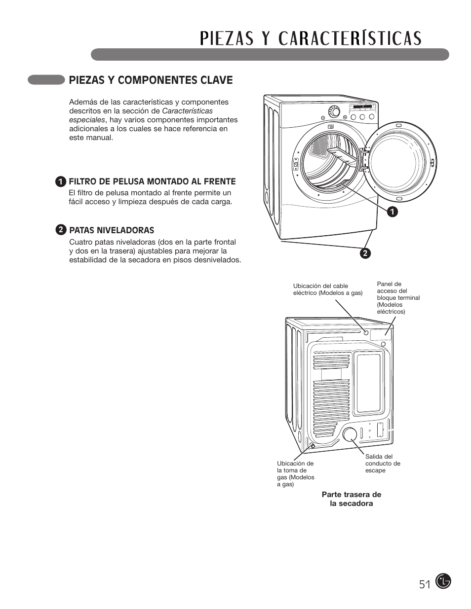 Piezas y componentes clave | LG DLE2050W User Manual | Page 51 / 124