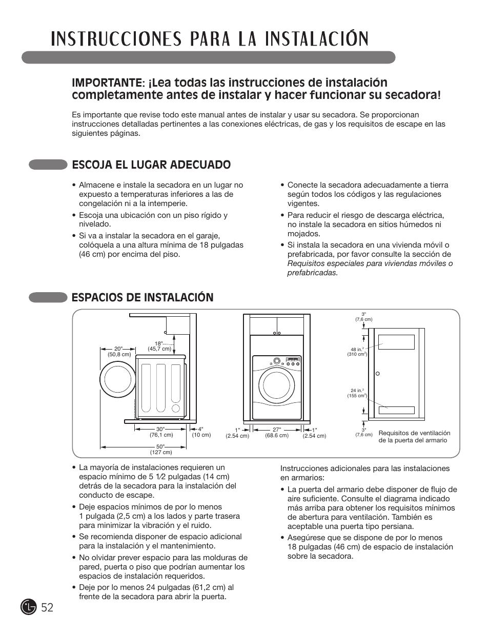 Escoja el lugar adecuado, Espacios de instalación | LG DLE2050W User Manual | Page 52 / 124
