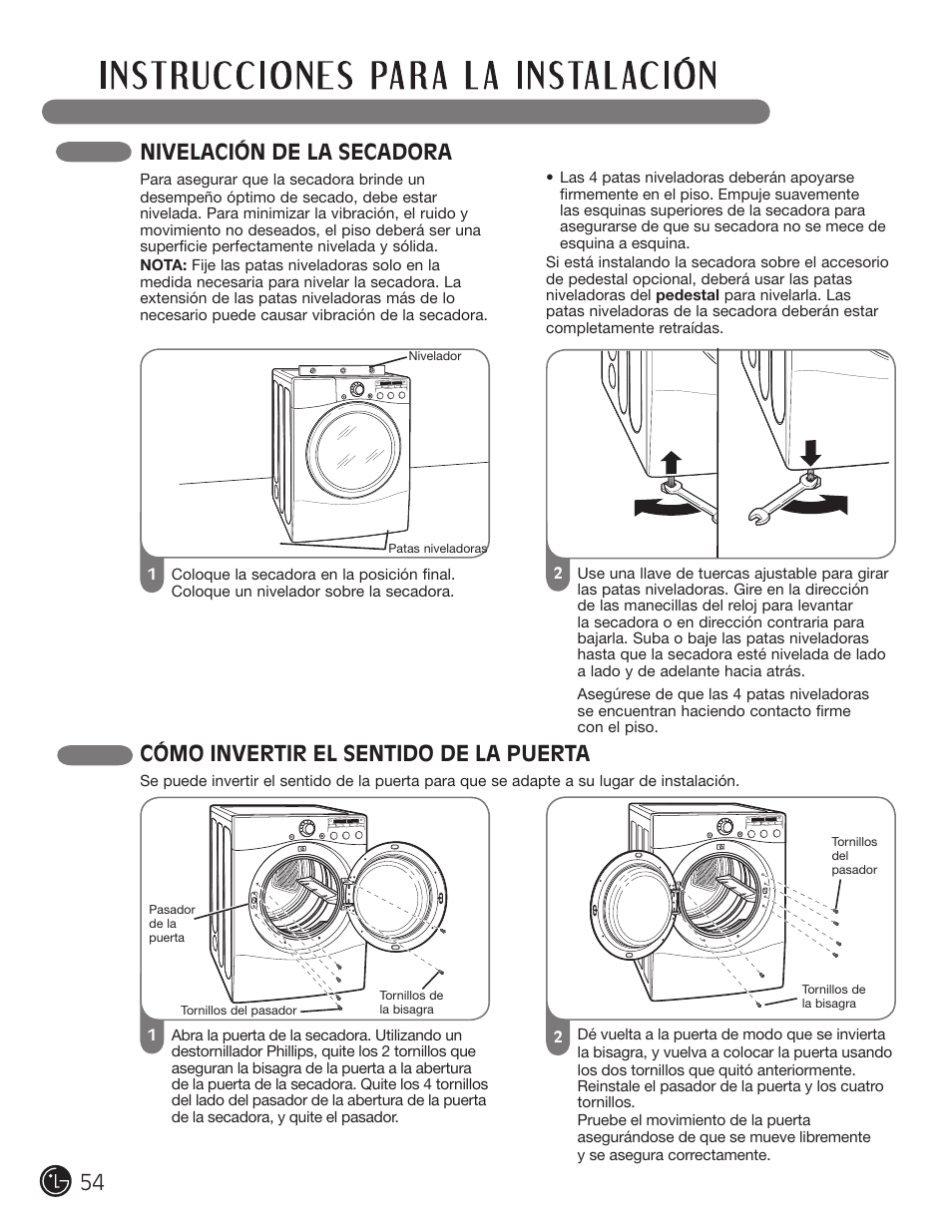Nivelación de la secadora, Cómo invertir el sentido de la puerta | LG DLE2050W User Manual | Page 54 / 124
