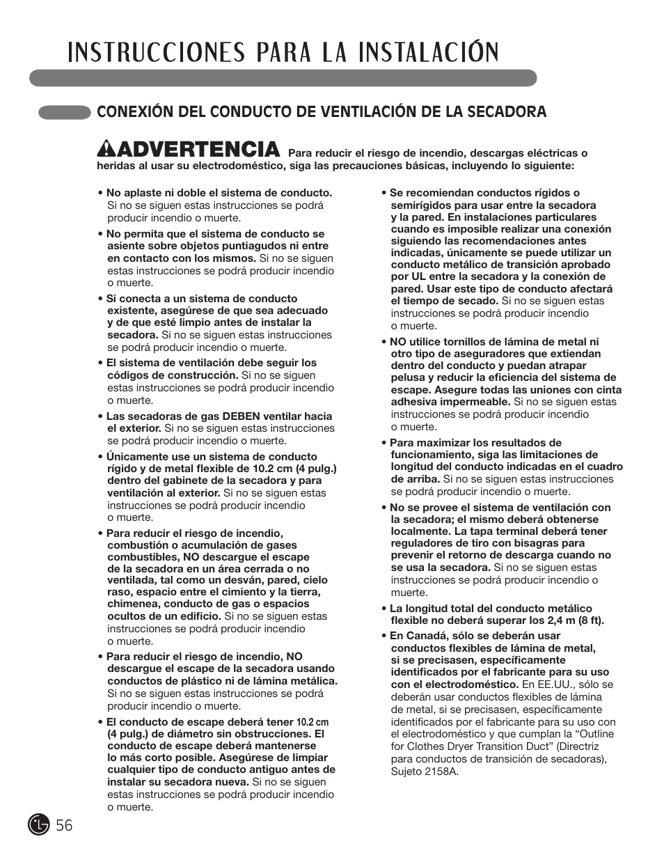 Wadvertencia | LG DLE2050W User Manual | Page 56 / 124