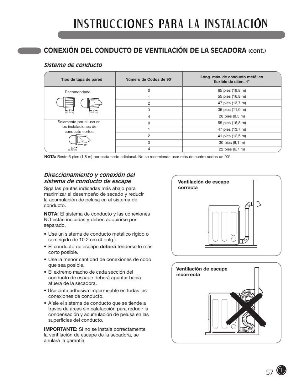 Cont.), Sistema de conducto | LG DLE2050W User Manual | Page 57 / 124