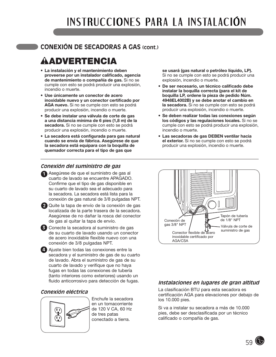 Wadvertencia, Conexión de secadoras a gas | LG DLE2050W User Manual | Page 59 / 124