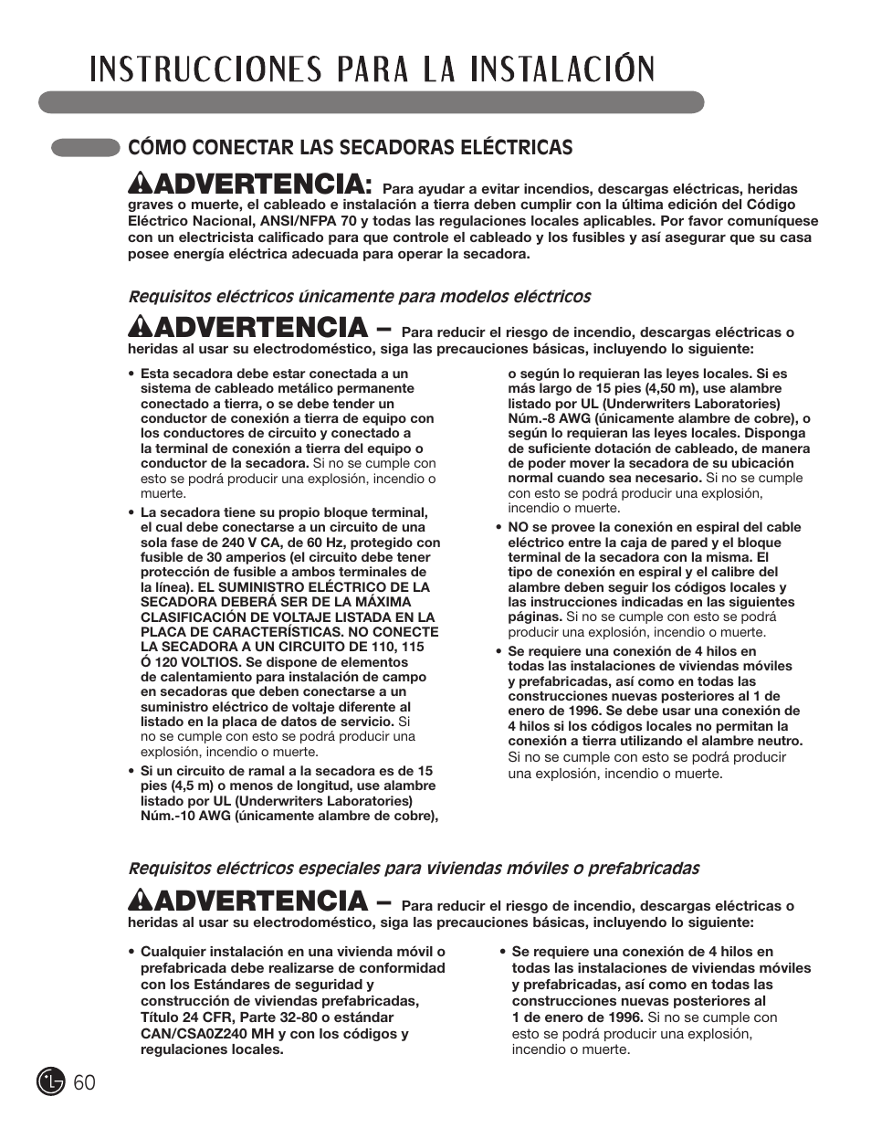 Wadvertencia, Cómo conectar las secadoras eléctricas | LG DLE2050W User Manual | Page 60 / 124