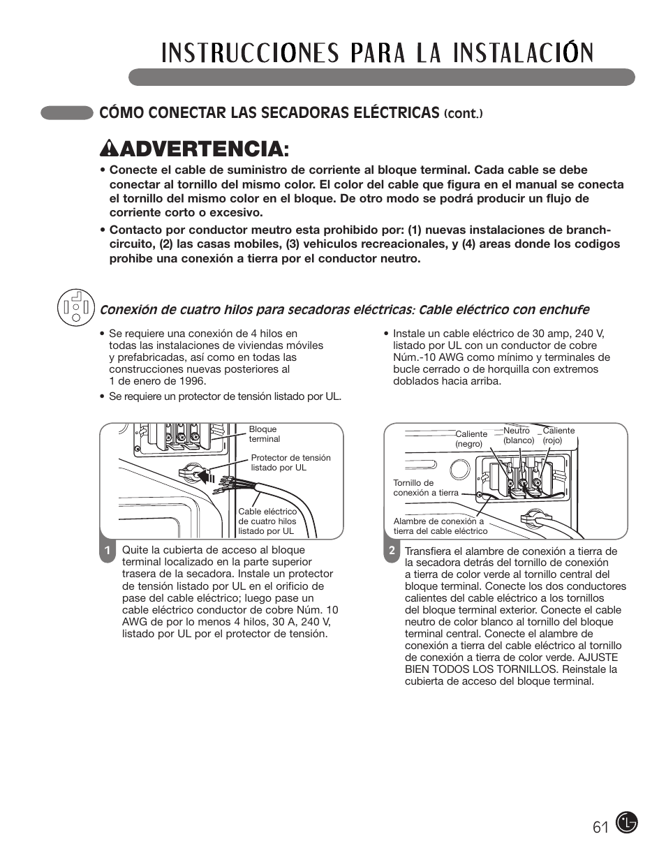 Wadvertencia, Cómo conectar las secadoras eléctricas | LG DLE2050W User Manual | Page 61 / 124