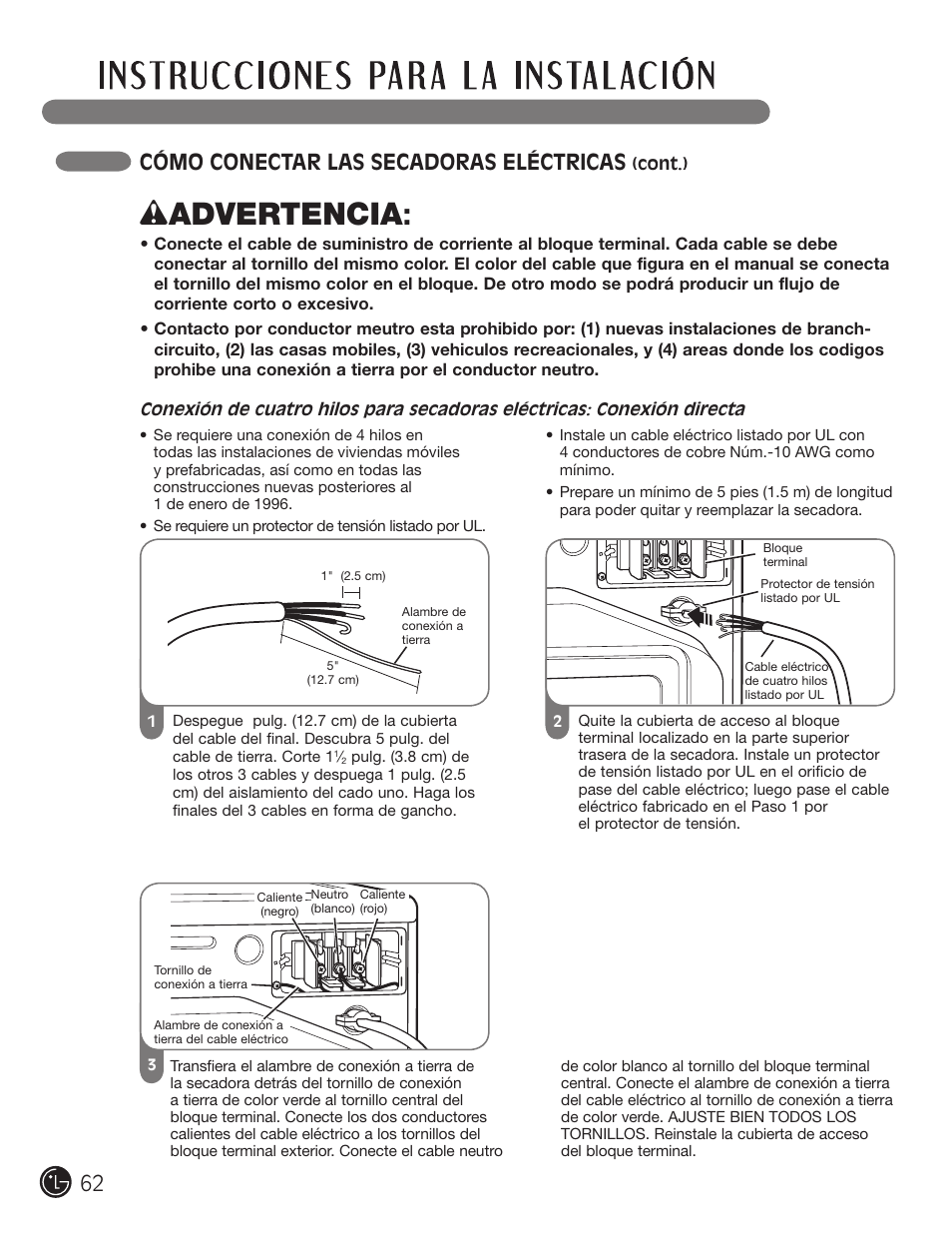 Wadvertencia, 62 cómo conectar las secadoras eléctricas | LG DLE2050W User Manual | Page 62 / 124