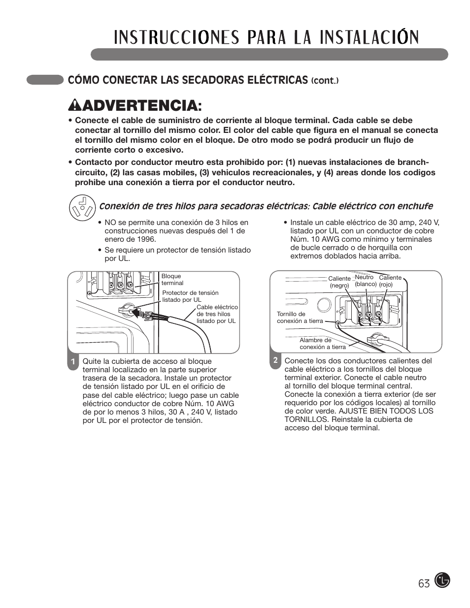 Wadvertencia, Cómo conectar las secadoras eléctricas | LG DLE2050W User Manual | Page 63 / 124