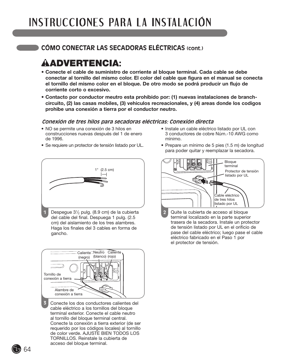 Wadvertencia, Cómo conectar las secadoras eléctricas | LG DLE2050W User Manual | Page 64 / 124