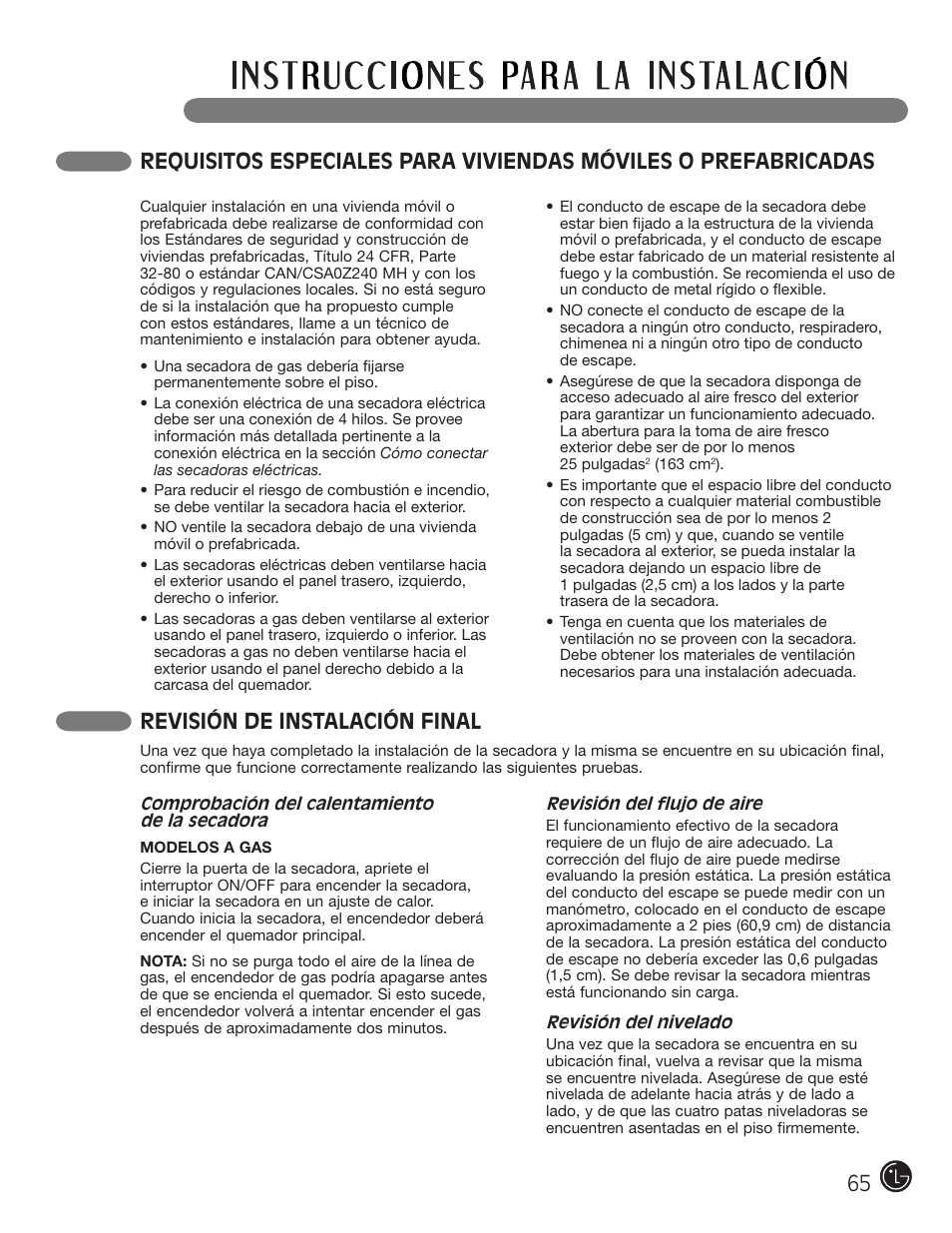 Revisión de instalación final | LG DLE2050W User Manual | Page 65 / 124