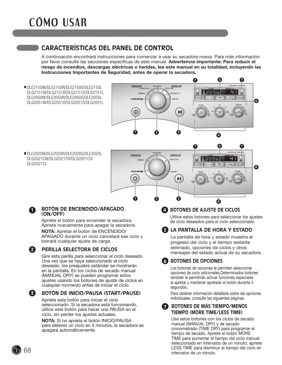 Características del panel de control | LG DLE2050W User Manual | Page 68 / 124