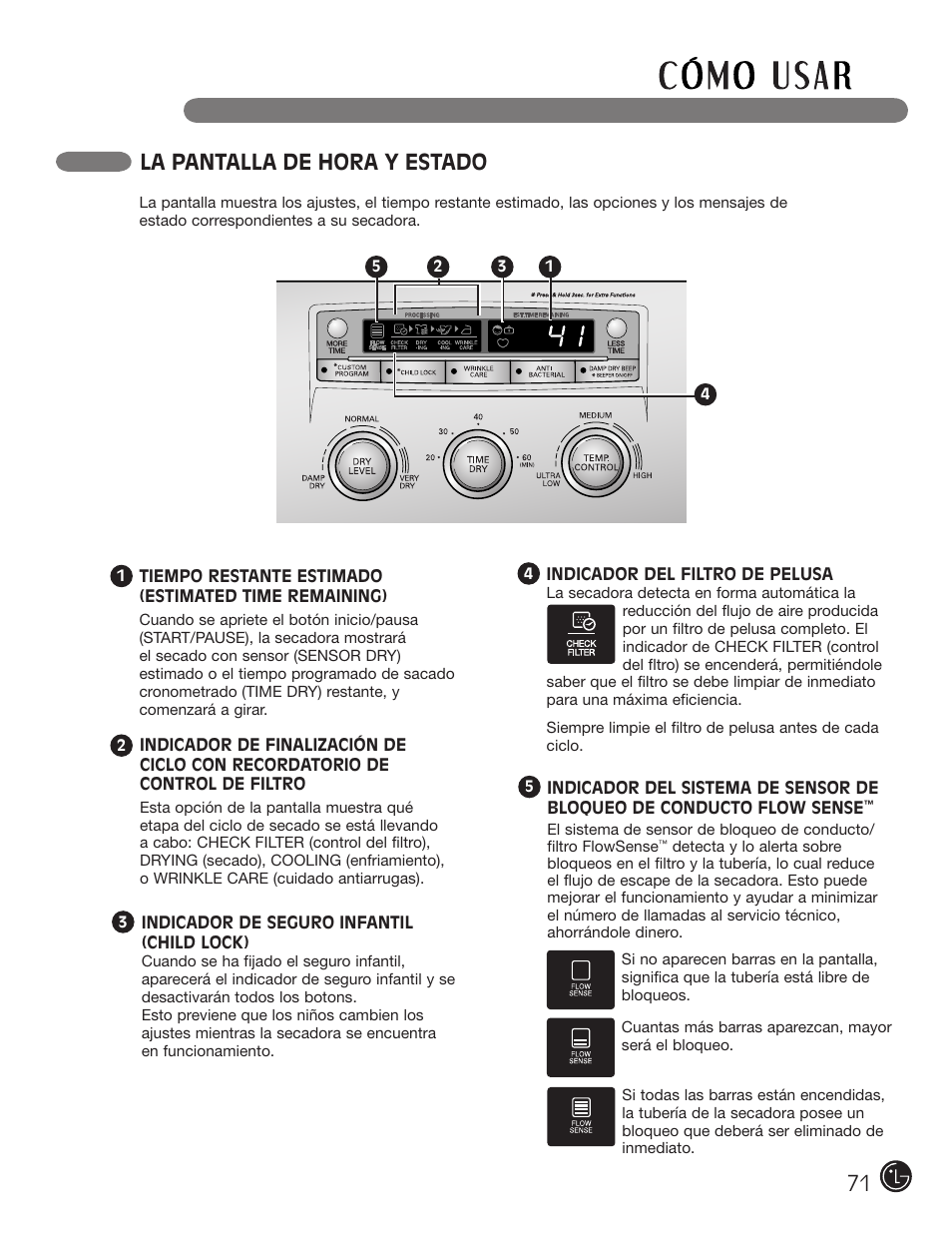 La pantalla de hora y estado | LG DLE2050W User Manual | Page 71 / 124