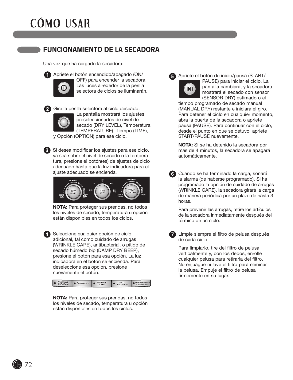 Funcionamiento de la secadora | LG DLE2050W User Manual | Page 72 / 124