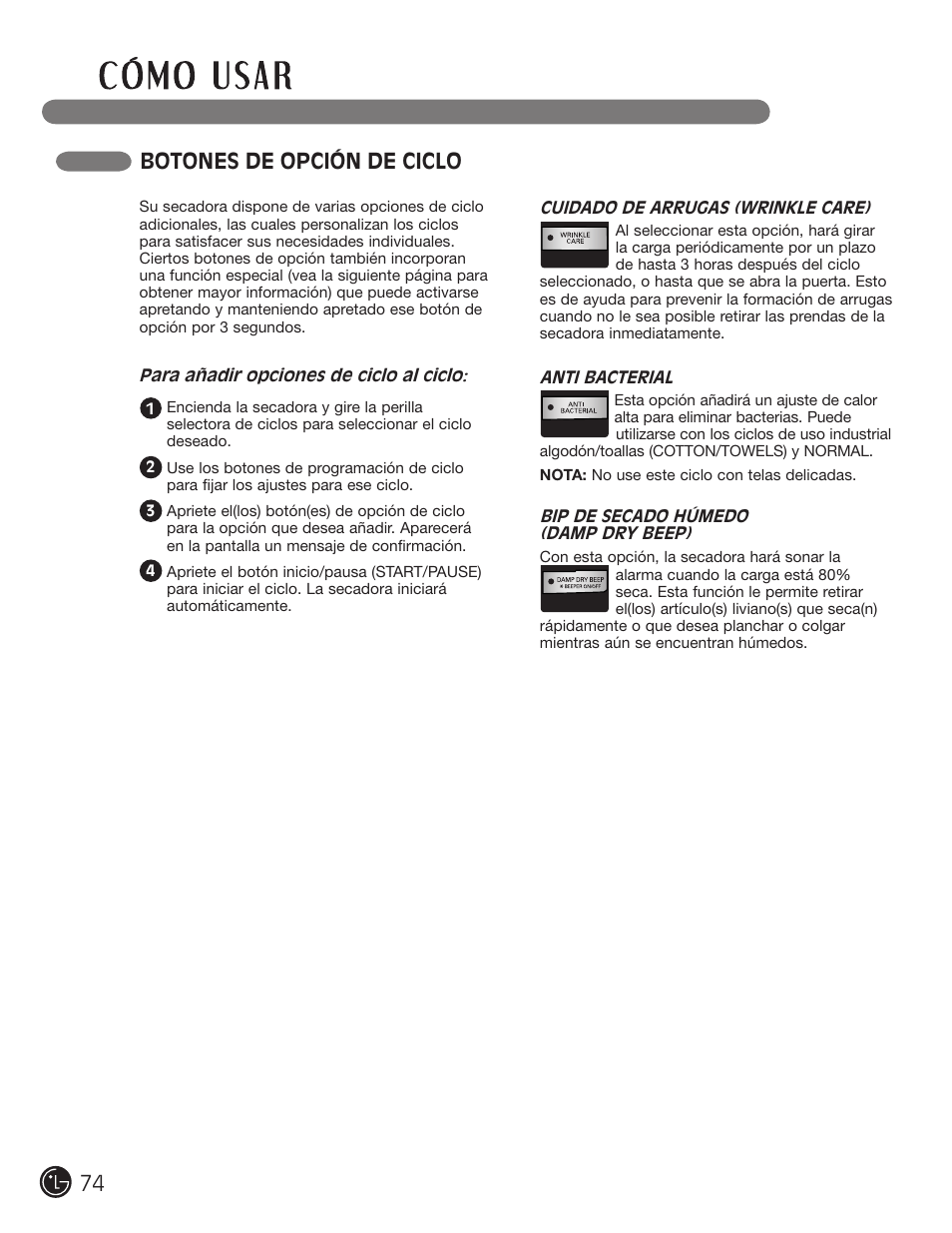 Botones de opción de ciclo | LG DLE2050W User Manual | Page 74 / 124