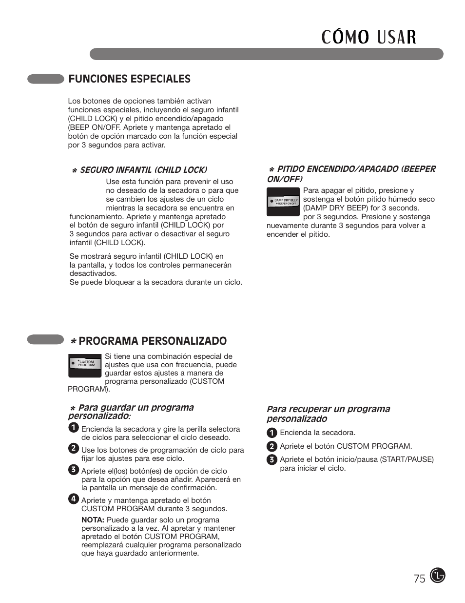 Funciones especiales, Programa personalizado | LG DLE2050W User Manual | Page 75 / 124