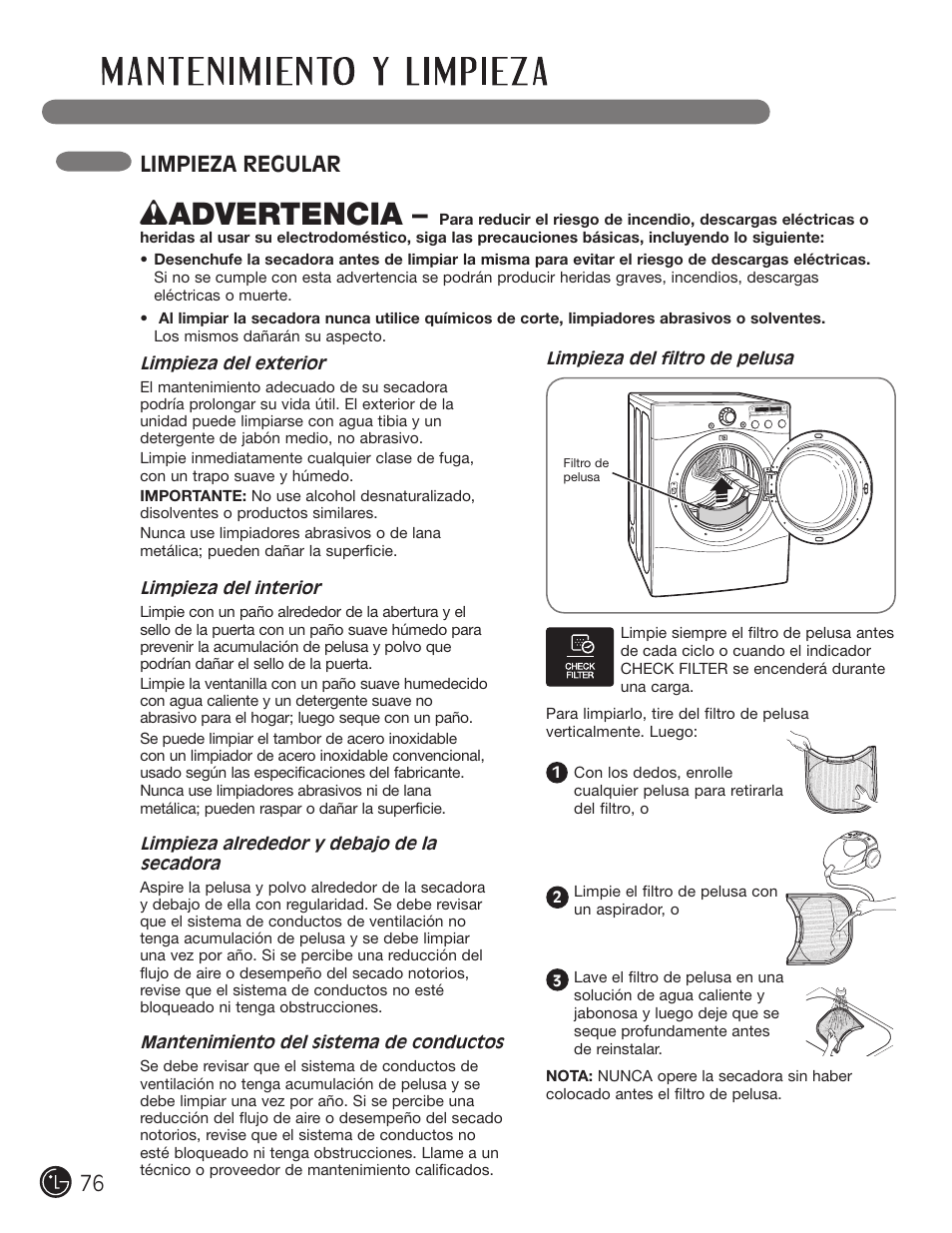 Wadvertencia, Limpieza regular | LG DLE2050W User Manual | Page 76 / 124