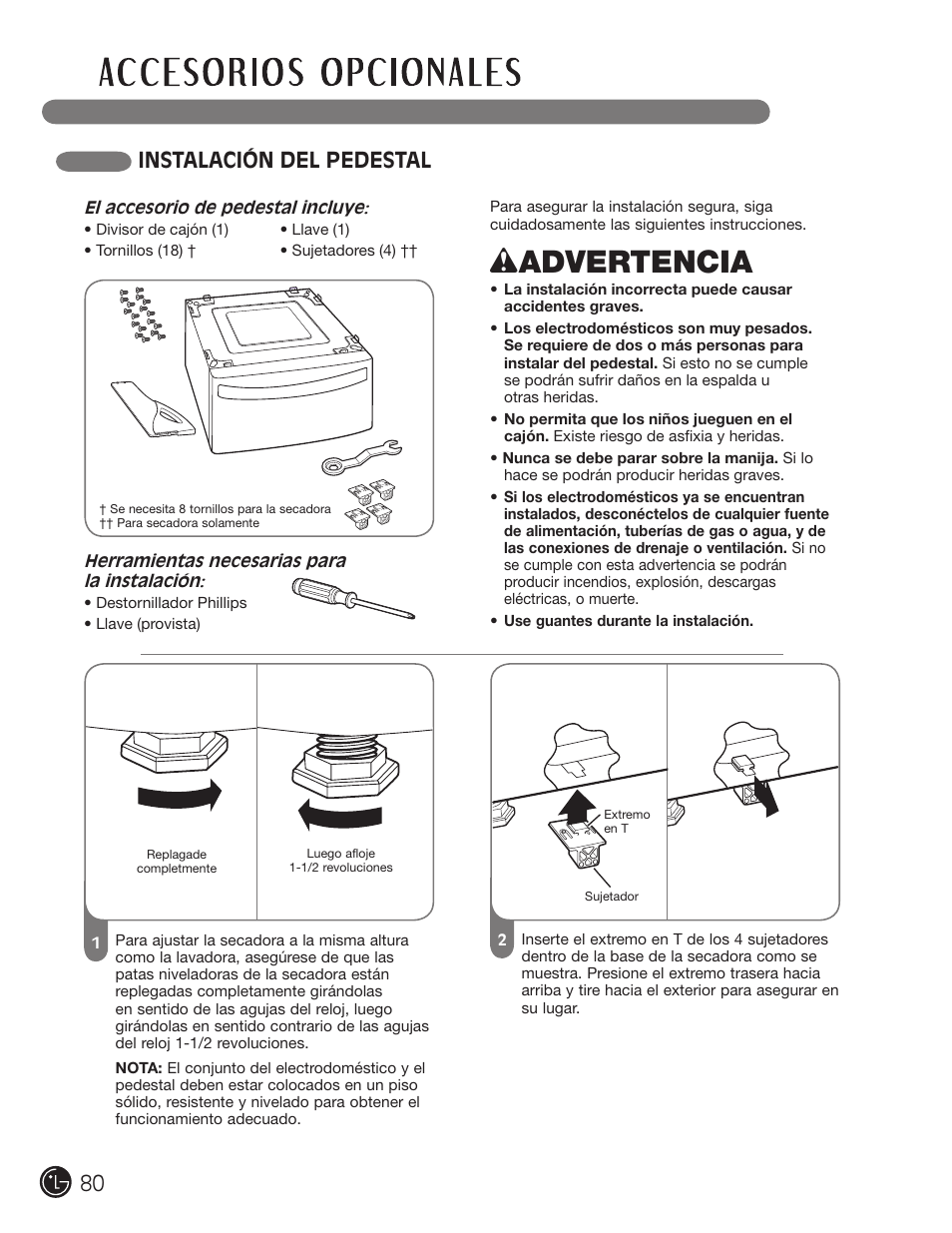 Wadvertencia, Instalación del pedestal | LG DLE2050W User Manual | Page 80 / 124