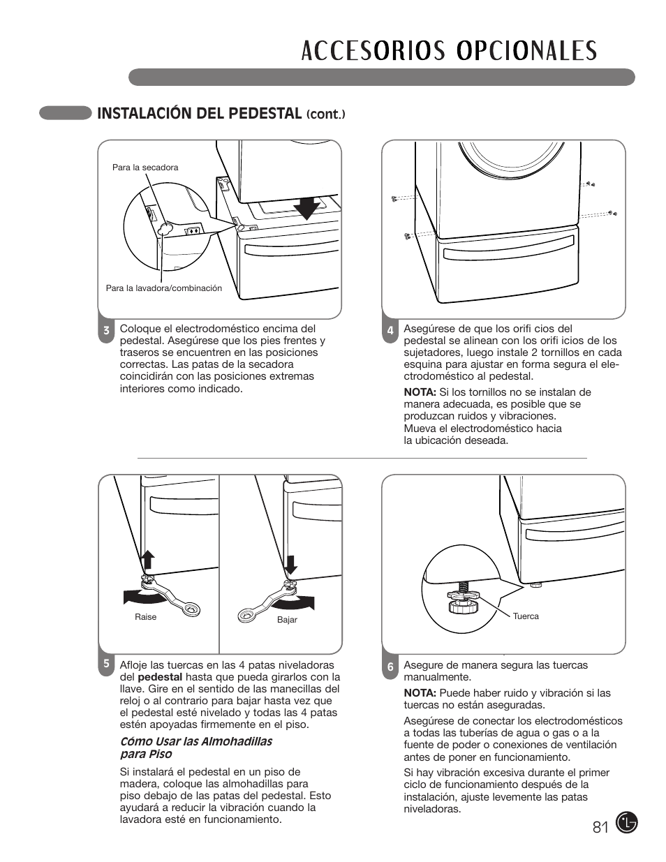 Instalación del pedestal | LG DLE2050W User Manual | Page 81 / 124