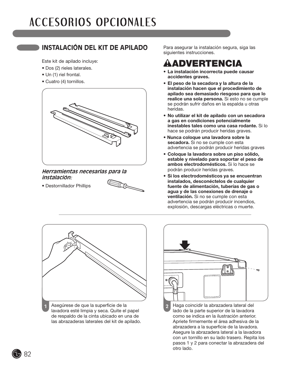 Wadvertencia, Instalación del kit de apilado | LG DLE2050W User Manual | Page 82 / 124