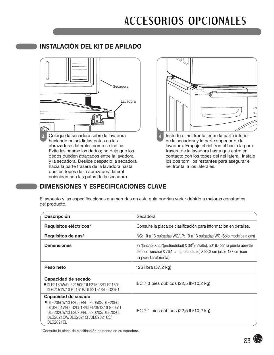 Instalación del kit de apilado, Dimensiones y especificaciones clave | LG DLE2050W User Manual | Page 83 / 124