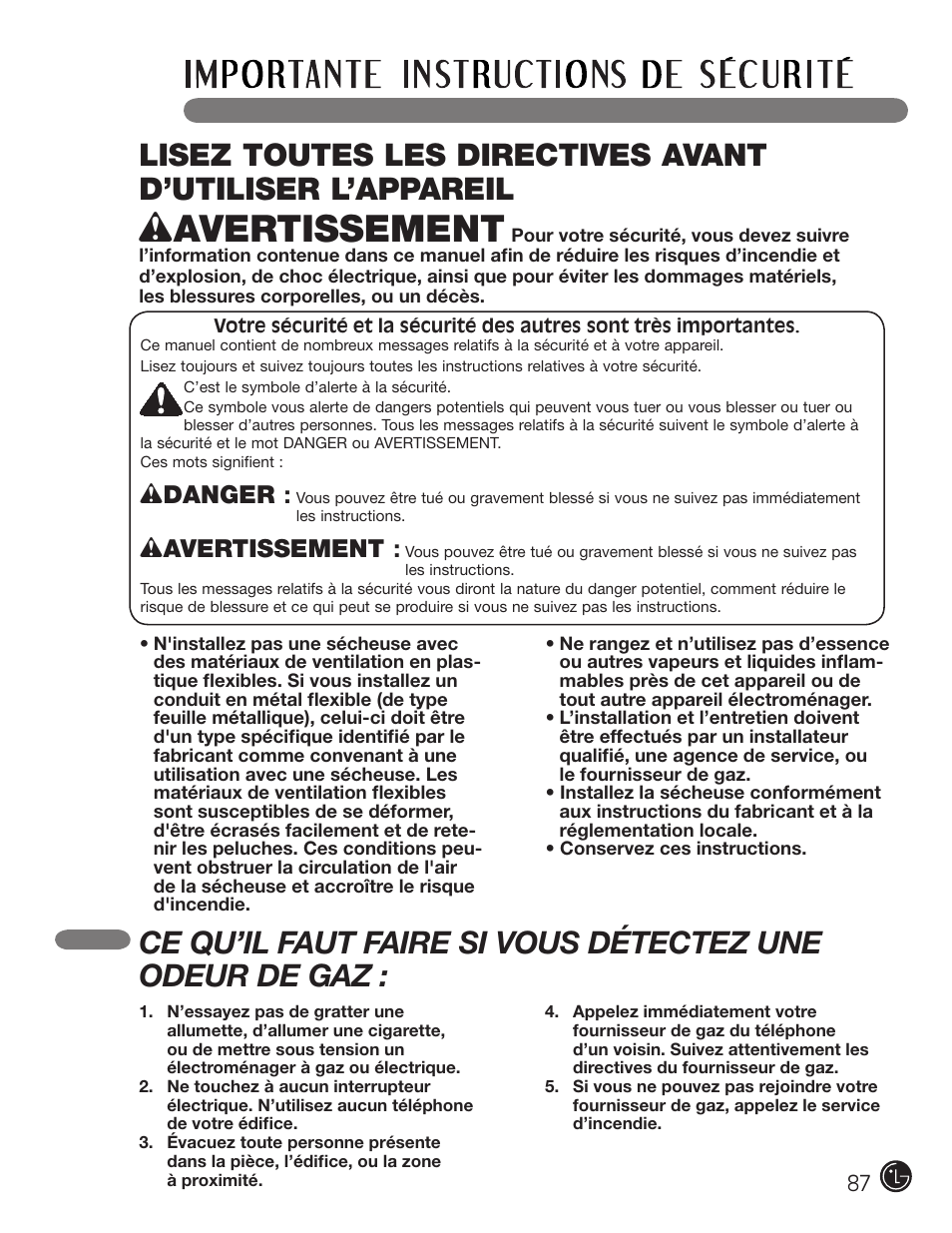 Wavertissement, Wdanger | LG DLE2050W User Manual | Page 87 / 124