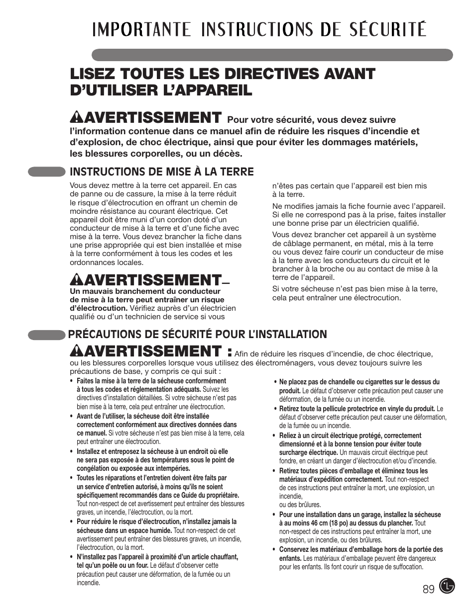 Wavertissement | LG DLE2050W User Manual | Page 89 / 124