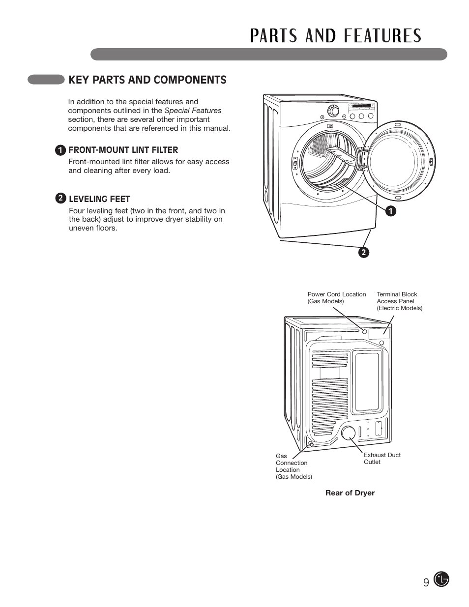 Key parts and components | LG DLE2050W User Manual | Page 9 / 124