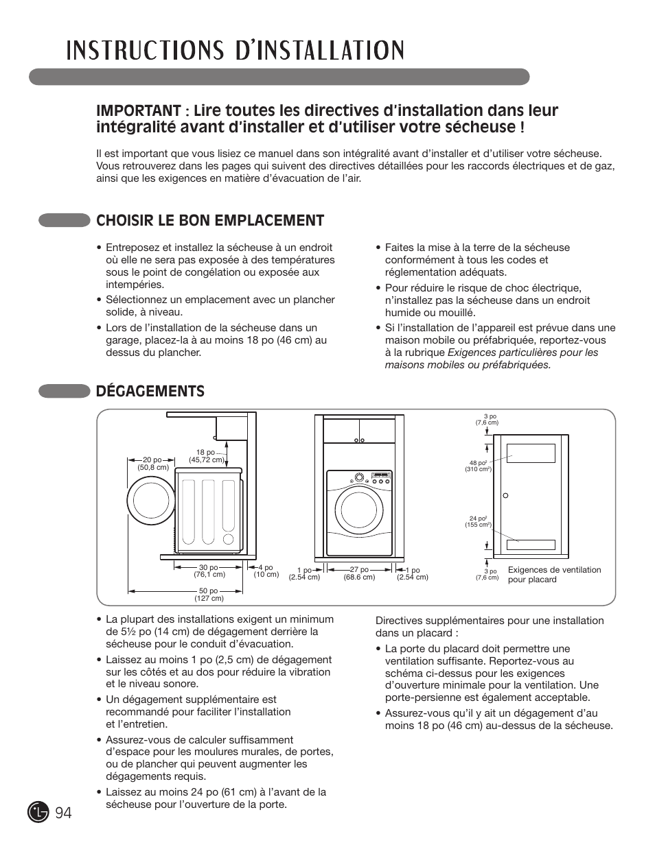 Choisir le bon emplacement, Dégagements | LG DLE2050W User Manual | Page 94 / 124