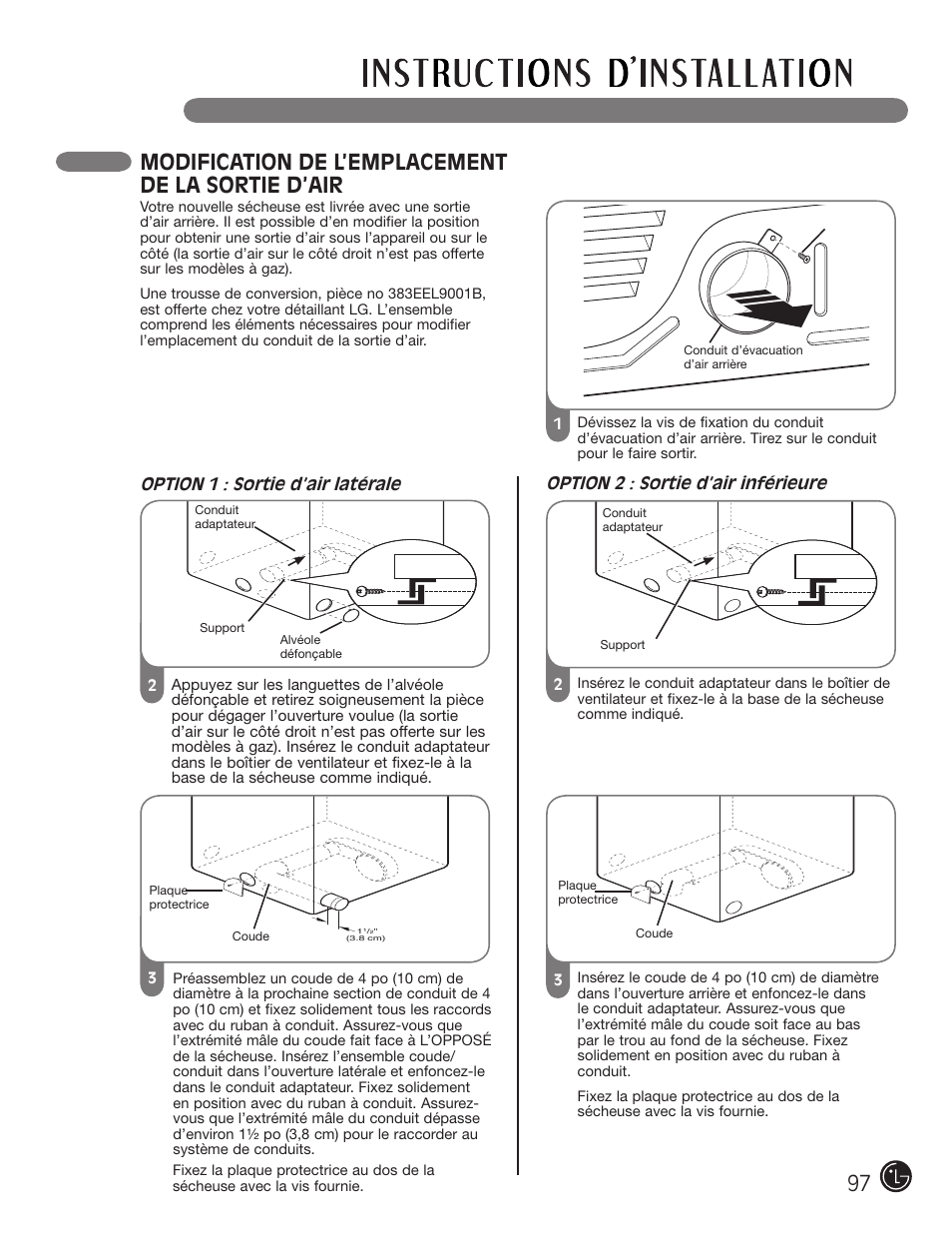 Modification de l’emplacement de la sortie d’air, Option 1 : sortie d’air latérale, Option 2 : sortie d’air inférieure | LG DLE2050W User Manual | Page 97 / 124