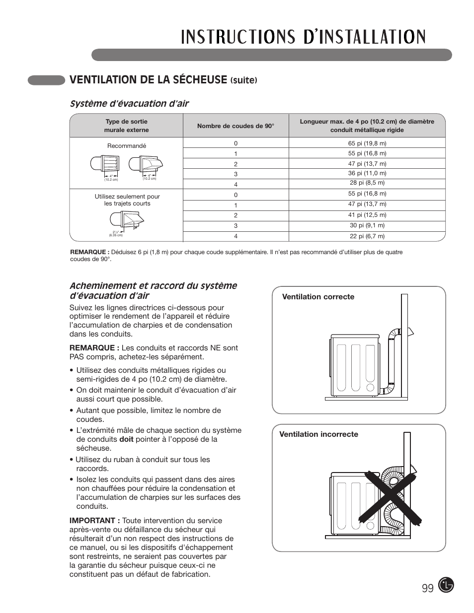 Ventilation de la sécheuse, Suite), Système d’évacuation d’air | LG DLE2050W User Manual | Page 99 / 124
