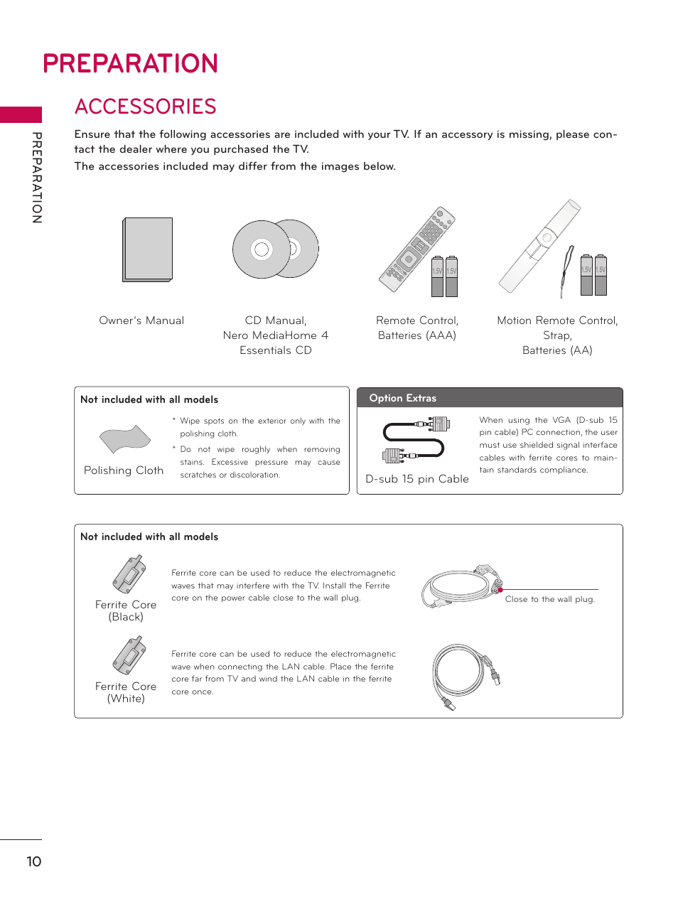 Preparation, Accessories | LG 55LX9500 User Manual | Page 10 / 218