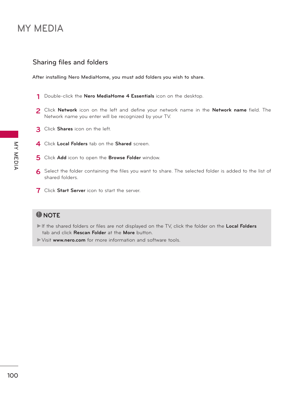 My media, Sharing files and folders | LG 55LX9500 User Manual | Page 100 / 218