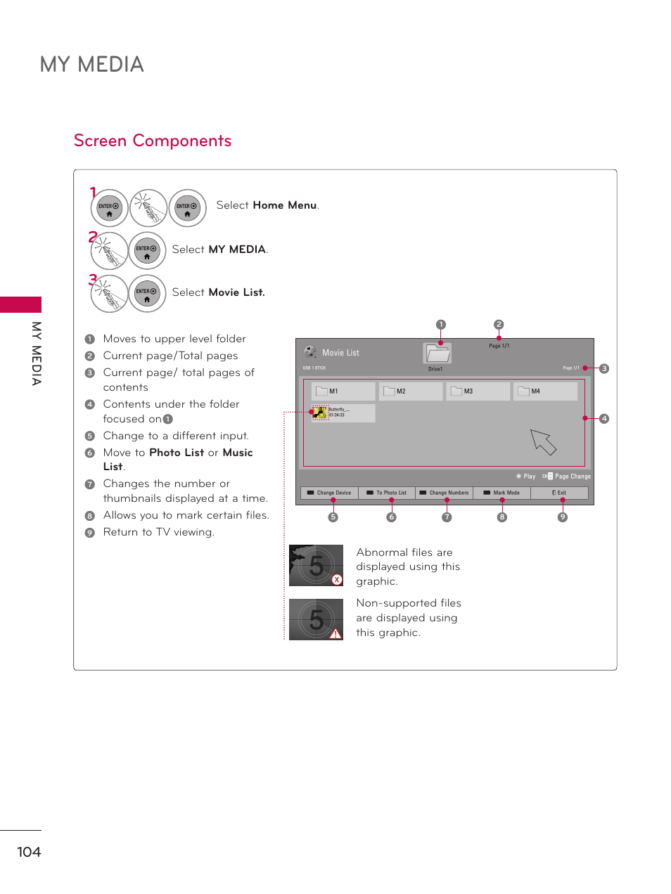 Screen components, My media, My m ed ia | LG 55LX9500 User Manual | Page 104 / 218