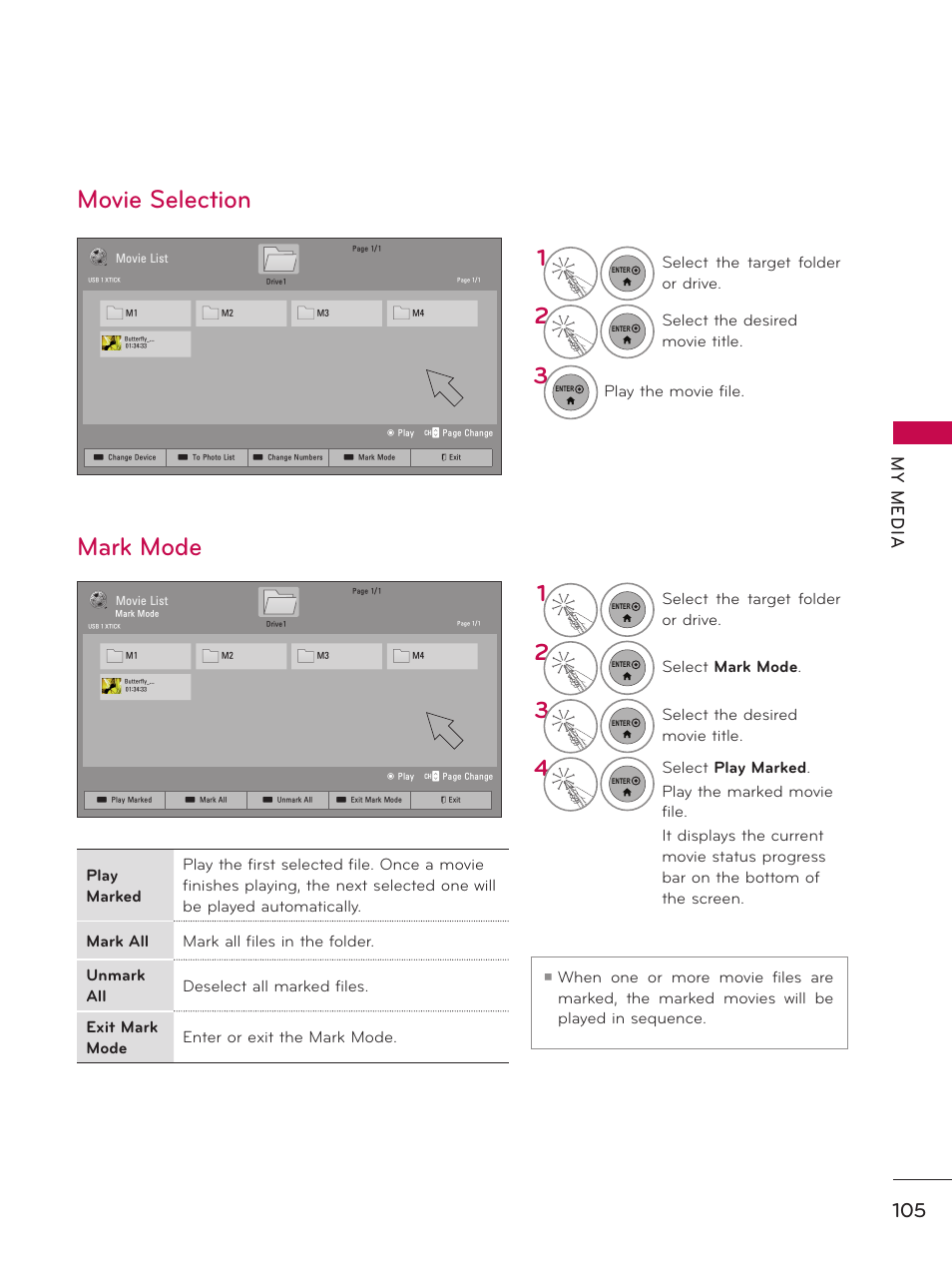 Movie selection, Mark mode, Movie selection mark mode | My m ed ia | LG 55LX9500 User Manual | Page 105 / 218