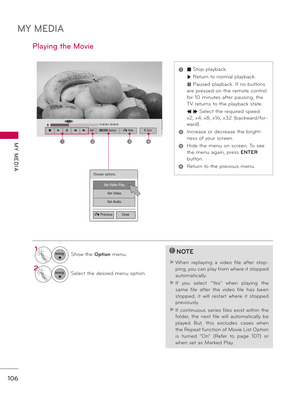 Playing the movie, My media, My m ed ia | LG 55LX9500 User Manual | Page 106 / 218