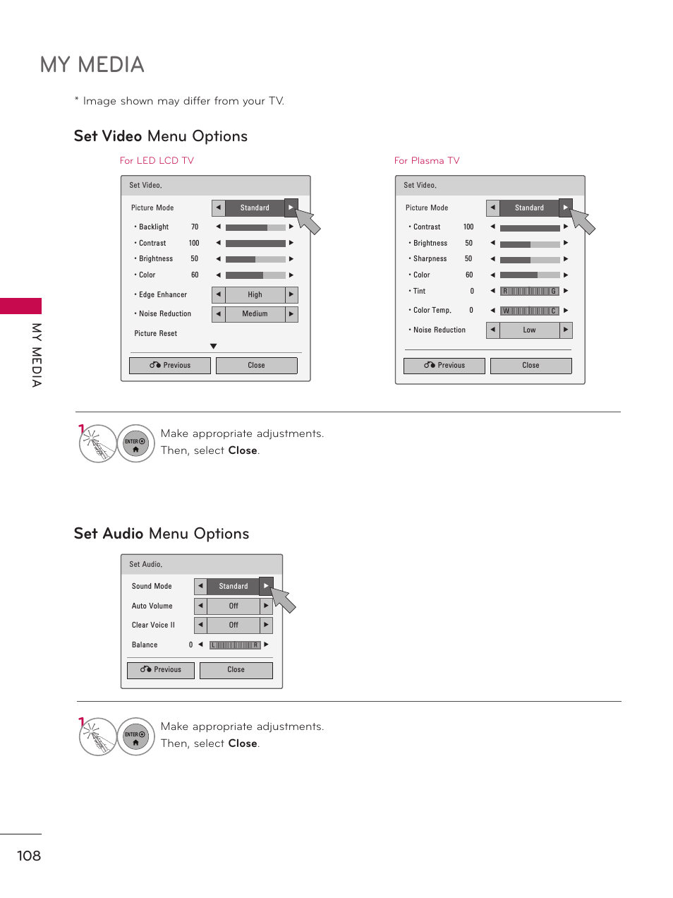 My media, Set video menu options set audio menu options, My m ed ia | LG 55LX9500 User Manual | Page 108 / 218