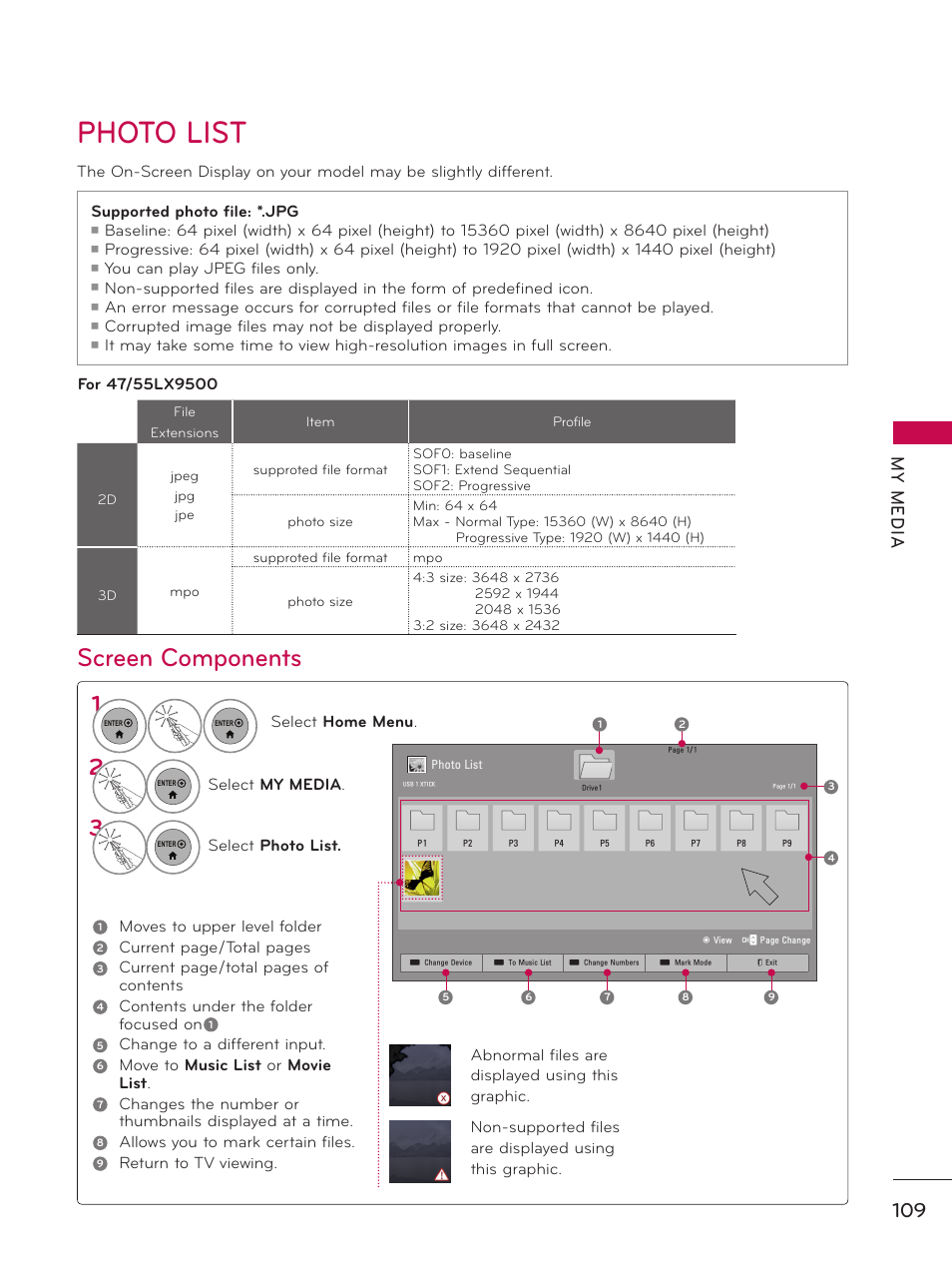 Photo list, Screen components, My m ed ia | LG 55LX9500 User Manual | Page 109 / 218